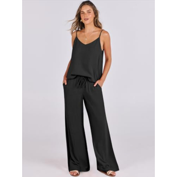 ANRABESS Women's 2 Piece Linen Lounge Set Casual Matching Pants Jumpsuit Summer Beach Travel Vacation Trendy Outfits Black Large