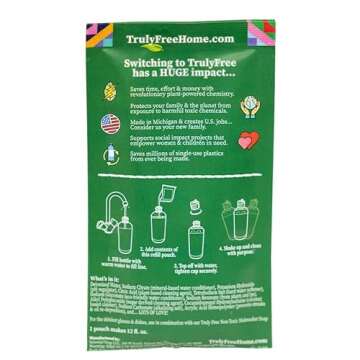 Truly Free Natural Dishwasher Booster & Rinse Aid - Non-Toxic Dishwashing Aid Formula, Removes Residue & Tough Dish Stains, Water Spot Remover - Includes: 1 Reusable Empty 12 oz Bottle & 1 Refill