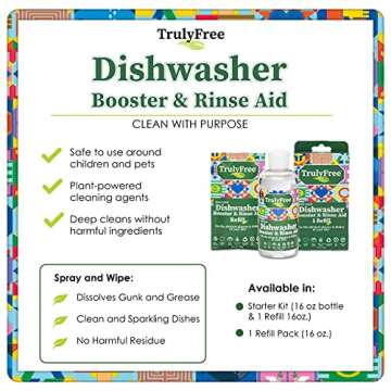 Truly Free Natural Dishwasher Booster & Rinse Aid - Non-Toxic Dishwashing Aid Formula, Removes Residue & Tough Dish Stains, Water Spot Remover - Includes: 1 Reusable Empty 12 oz Bottle & 1 Refill