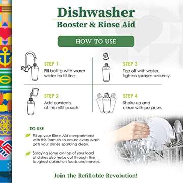 Truly Free Natural Dishwasher Booster & Rinse Aid - Non-Toxic Dishwashing Aid Formula, Removes Residue & Tough Dish Stains, Water Spot Remover - Includes: 1 Reusable Empty 12 oz Bottle & 1 Refill