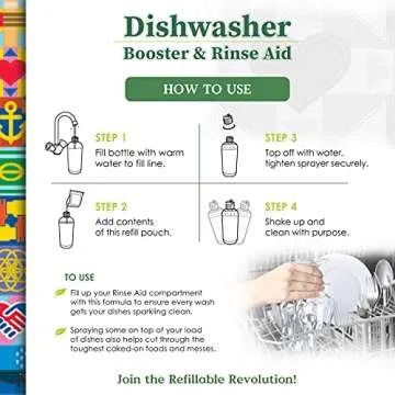 Truly Free Natural Dishwasher Booster & Rinse Aid - Non-Toxic Dishwashing Aid Formula, Removes Residue & Tough Dish Stains, Water Spot Remover - Includes: 1 Reusable Empty 12 oz Bottle & 1 Refill