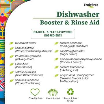 Truly Free Natural Dishwasher Booster & Rinse Aid - Non-Toxic Dishwashing Aid Formula, Removes Residue & Tough Dish Stains, Water Spot Remover - Includes: 1 Reusable Empty 12 oz Bottle & 1 Refill