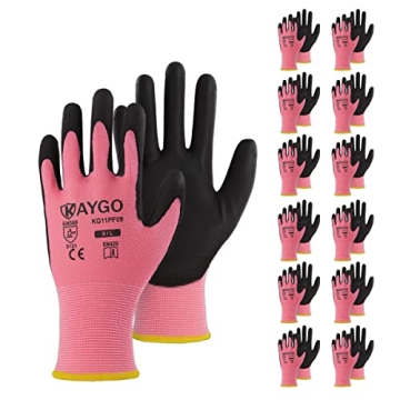 KAYGO PU Coated Safety Work Gloves - 12 Pairs, Seamless Knit - XS Pink for Men & Women