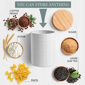 Barnyard Designs Canister Sets for Kitchen Counter, Flour Coffee Tea Sugar Container Set with Bamboo Lids, Vintage Farmhouse Decor Kitchen Canisters, Metal/Bamboo, Set of 3 (White)