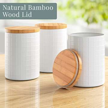 Barnyard Designs Canister Sets for Kitchen Counter, Flour Coffee Tea Sugar Container Set with Bamboo Lids, Vintage Farmhouse Decor Kitchen Canisters, Metal/Bamboo, Set of 3 (White)