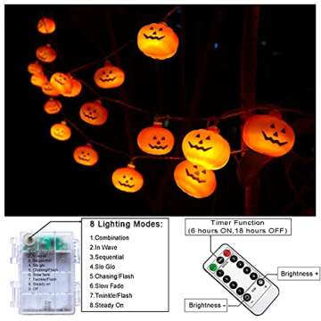 Runleo Halloween Pumpkin String Lights, 30 LED 16.4 FT 8 Modes Timer 3D Waterproof Orange Jack-O-Lantern Battery Operated Decorative Twinkle Lights for Indoor Bedroom Camper Decor Party Decorations