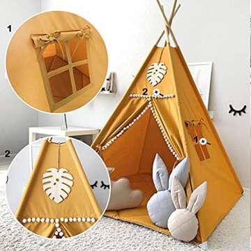 RONGFA Kids Teepee Tent with White Pom Pom - Indoor Play Teepee for Children Boys Portable Play House