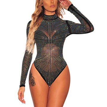SEBOWEL Women's Rhinestone Bodysuit, Stylish Mesh Top