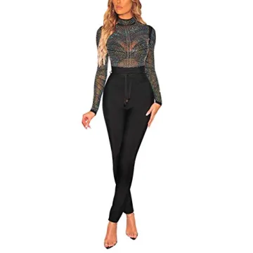 SEBOWEL Women's Rhinestone Bodysuit, Stylish Mesh Top