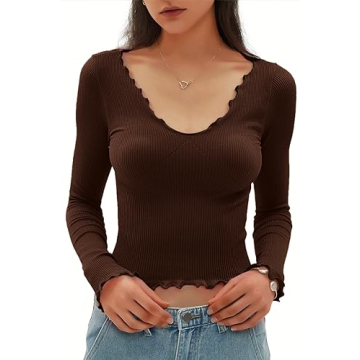 CHYRII Womens Fashion Fall Long Sleeve Tops Ruffled Low Cut Basic Layering Tee Shirts Crop Tops Coff...