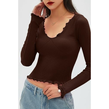CHYRII Womens Fashion Fall Long Sleeve Tops Ruffled Low Cut Basic Layering Tee Shirts Crop Tops Coffee S