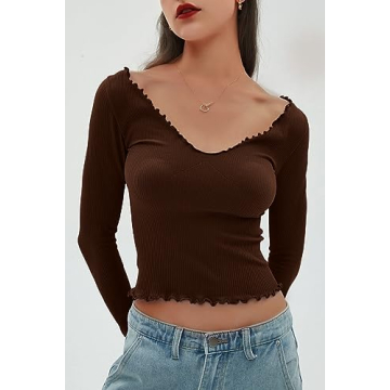 CHYRII Womens Fashion Fall Long Sleeve Tops Ruffled Low Cut Basic Layering Tee Shirts Crop Tops Coffee S