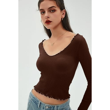 CHYRII Womens Fashion Fall Long Sleeve Tops Ruffled Low Cut Basic Layering Tee Shirts Crop Tops Coffee S