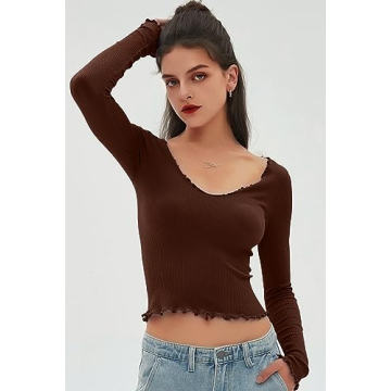 CHYRII Womens Fashion Fall Long Sleeve Tops Ruffled Low Cut Basic Layering Tee Shirts Crop Tops Coffee S