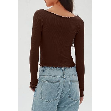 CHYRII Womens Fashion Fall Long Sleeve Tops Ruffled Low Cut Basic Layering Tee Shirts Crop Tops Coffee S