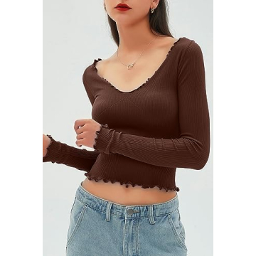 CHYRII Womens Fashion Fall Long Sleeve Tops Ruffled Low Cut Basic Layering Tee Shirts Crop Tops Coffee S