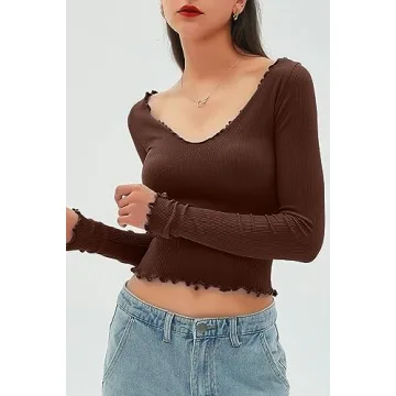 CHYRII Womens Fashion Fall Long Sleeve Tops Ruffled Low Cut Basic Layering Tee Shirts Crop Tops Coffee S