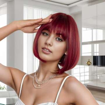 MUPUL Red Wine Short Bob Hair Wigs for Women With Bangs 12inch Straight Synthetic Cosplay Party Wig ...