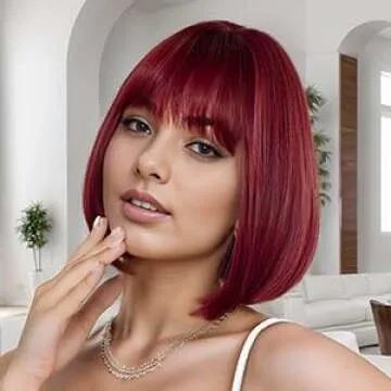 MUPUL Red Wine Short Bob Hair Wigs for Women With Bangs 12inch Straight Synthetic Cosplay Party Wig For Girls Daily Use Colorful Hair Wigs