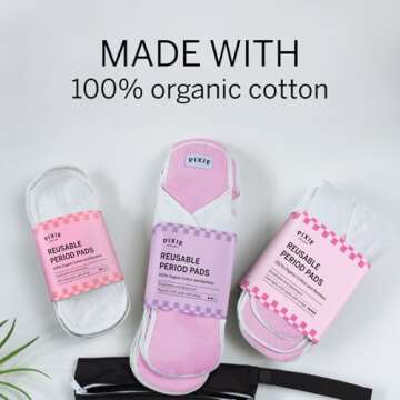 Pixie Cotton Cloth Pads - 100% Organic Reusable Cotton -Ranked 1 for Softest Menstrual Pads - Machine Washable & Includes Free Wet Bag - Menstrual Liner Pads - Sanitary Napkins (Overnight)