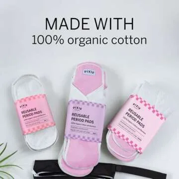 Pixie Cotton Cloth Pads - 100% Organic Reusable Cotton -Ranked 1 for Softest Menstrual Pads - Machine Washable & Includes Free Wet Bag - Menstrual Liner Pads - Sanitary Napkins (Overnight)