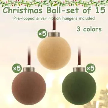 Liliful 15 Pcs Velvet Christmas Balls Bulk Flocked Christmas Tree Ball Ornaments Plastic Balls Xmas Decorative Hanging Ornaments(Brown, Green, Beige,3.15 Inch)