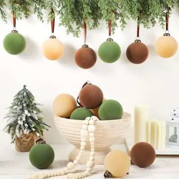Liliful 15 Pcs Velvet Christmas Balls Bulk Flocked Christmas Tree Ball Ornaments Plastic Balls Xmas Decorative Hanging Ornaments(Brown, Green, Beige,3.15 Inch)