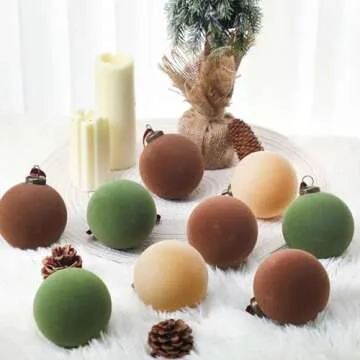 Liliful 15 Pcs Velvet Christmas Balls Bulk Flocked Christmas Tree Ball Ornaments Plastic Balls Xmas Decorative Hanging Ornaments(Brown, Green, Beige,3.15 Inch)
