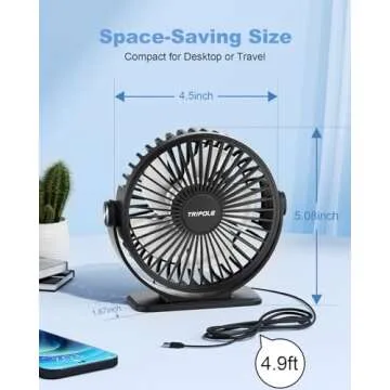 TriPole Desk Fan USB Powered Small Portable Fan, 3 Speeds Adjustable Strong Breeze Mini Personal Fan, 360° Rotation Quiet Plug In USB Fan for Desktop Bedroom Office Table Travel, Black, 4.9ft Cable
