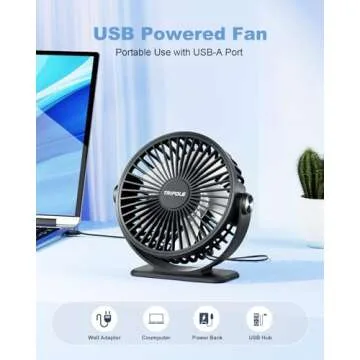 TriPole Desk Fan USB Powered Small Portable Fan, 3 Speeds Adjustable Strong Breeze Mini Personal Fan, 360° Rotation Quiet Plug In USB Fan for Desktop Bedroom Office Table Travel, Black, 4.9ft Cable