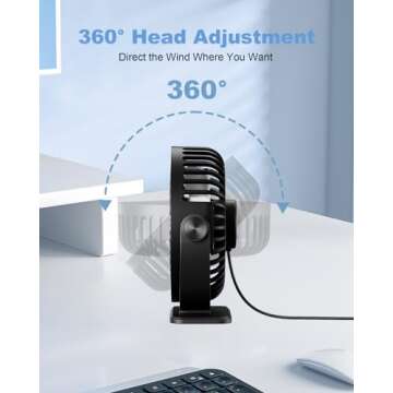 TriPole Desk Fan USB Powered Small Portable Fan, 3 Speeds Adjustable Strong Breeze Mini Personal Fan, 360° Rotation Quiet Plug In USB Fan for Desktop Bedroom Office Table Travel, Black, 4.9ft Cable