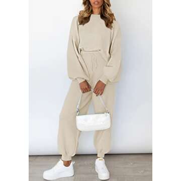 Viottiset Women's 2 Piece Outfits Sweatsuit Casual Knit Pullover Sweater Lounge Set Apricot X-Large