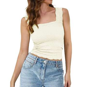 SAFRISIOR Women's Square Neck Crop Tank Top Wide Straps Flower Fringe Lettuce Edge Hem Cami Sleevele...