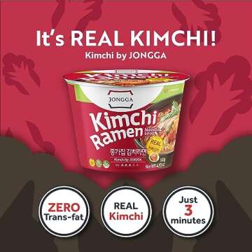 JONGGA Kimchi Ramen with Real Kimchi 4.9 oz Pack of 6, Korean Instant Hot and Spicy Noodle Soup, Aut...