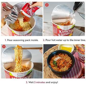 JONGGA Kimchi Ramen with Real Kimchi 4.9 oz Pack of 6, Korean Instant Hot and Spicy Noodle Soup, Authentic Savory Ramen Bowl, Quick and Convenient