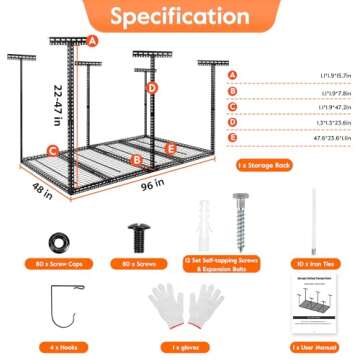 Rengue Overhead 4x8FT Garage Storage Rack with Hooks