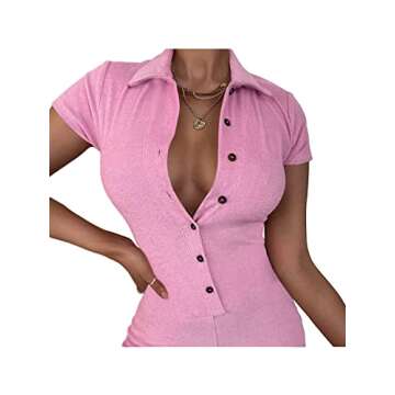 LYANER Women's Collar Button Front Short Sleeve One Piece Romper Playsuit Bodysuit Pink Small