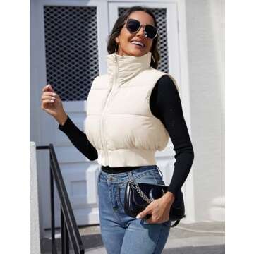 Dqbeng Puffer Vest Women Zip Up Cropped Vest Winter Warm Stand Collar Sleeveless Puffy Jacket (Beige-XS)
