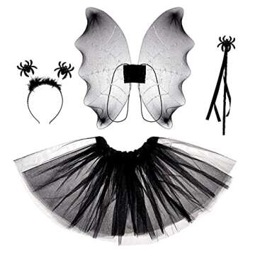 LUX ACCESSORIES Halloween Skirt Wings Wand Headband Black Spider Party Cosplay Costume Set (4pc)