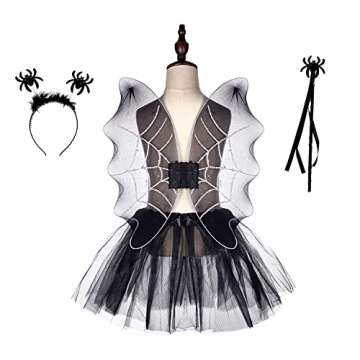 LUX ACCESSORIES Halloween Skirt Wings Wand Headband Black Spider Party Cosplay Costume Set (4pc)