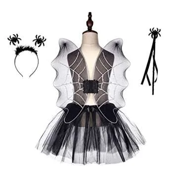 LUX ACCESSORIES Halloween Skirt Wings Wand Headband Black Spider Party Cosplay Costume Set (4pc)