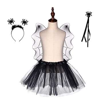 LUX ACCESSORIES Halloween Skirt Wings Wand Headband Black Spider Party Cosplay Costume Set (4pc)