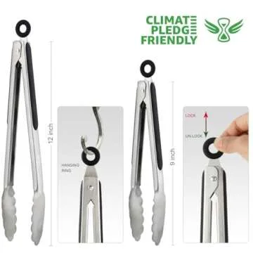Hotec Stainless Steel Kitchen Tongs Set of 2 - 9" and 12", Locking Metal Food Tongs Non-Slip Grip