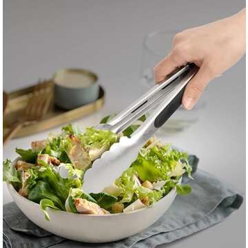 Hotec Stainless Steel Kitchen Tongs Set of 2 - 9" and 12", Locking Metal Food Tongs Non-Slip Grip