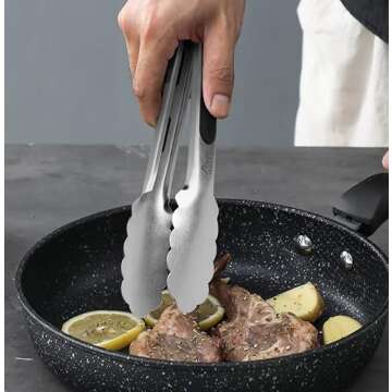 Hotec Stainless Steel Kitchen Tongs Set of 2 - 9" and 12", Locking Metal Food Tongs Non-Slip Grip