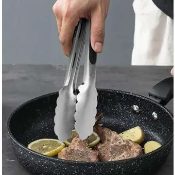 Hotec Stainless Steel Kitchen Tongs Set of 2 - 9" and 12", Locking Metal Food Tongs Non-Slip Grip