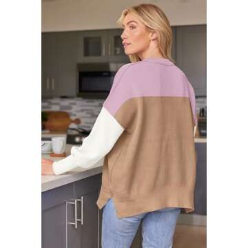 LILLUSORY Women's Oversized Batwing Sweaters 2024 Fall Outfits Crewneck Ribbed Knit Side Slit Trendy Pullover Tops ColorblockPink M