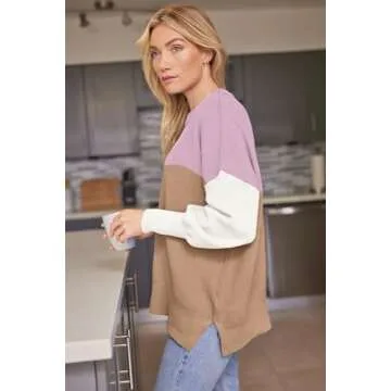 LILLUSORY Women's Oversized Batwing Sweaters 2024 Fall Outfits Crewneck Ribbed Knit Side Slit Trendy Pullover Tops ColorblockPink M