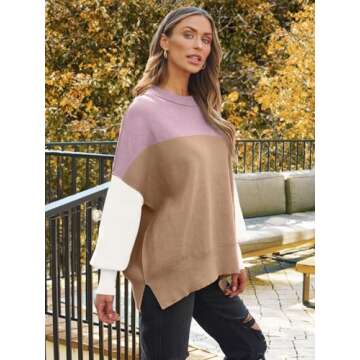 LILLUSORY Women's Oversized Batwing Sweaters 2024 Fall Outfits Crewneck Ribbed Knit Side Slit Trendy Pullover Tops ColorblockPink M