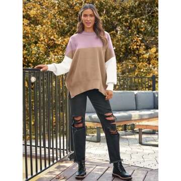 LILLUSORY Women's Oversized Batwing Sweaters 2024 Fall Outfits Crewneck Ribbed Knit Side Slit Trendy Pullover Tops ColorblockPink M